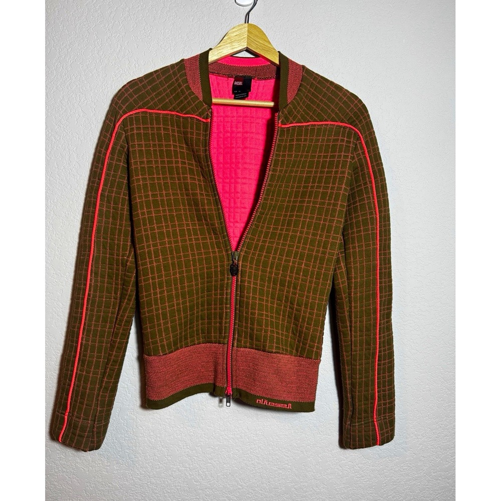 Diesel Women's XS Brown & Pink Check Knit Full Zip Long Sleeve Sweater